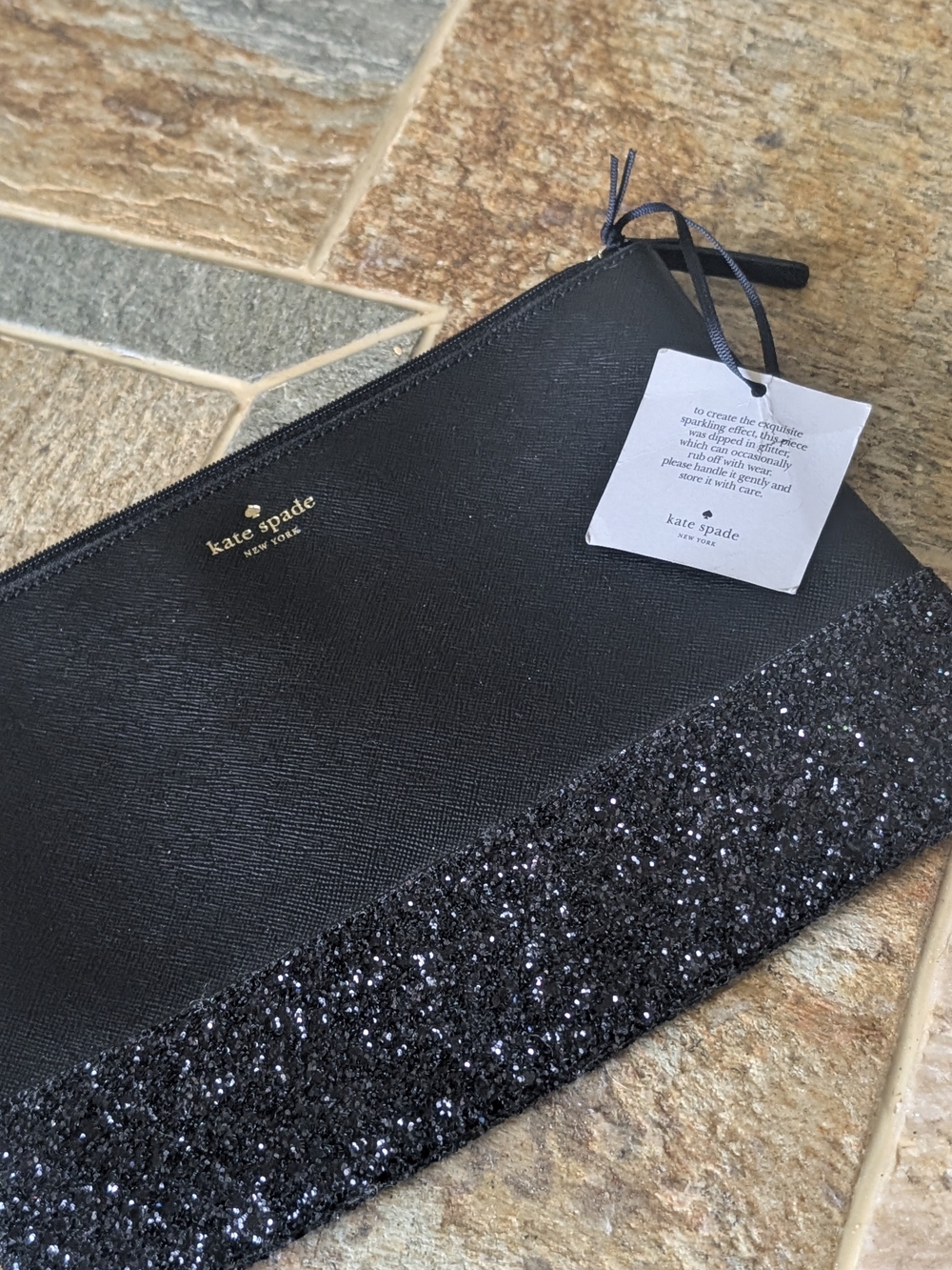 kate spade New York Black Saffiano Leather Glitter Trim Zip Wristlet Clutch